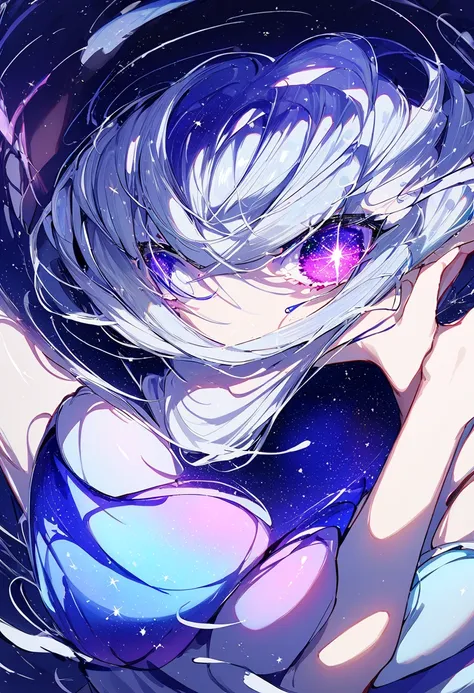 Short-haired woman with silver hair。Im wearing a blue kimono。Fireflies are flying。Im in the starry sky。The starry sky is colorful and shining。It is an anime-style illustration。Beautiful with the best image quality。Fantastical。