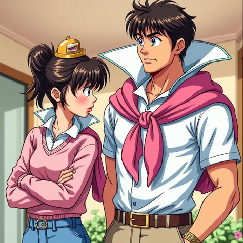 Preppy Anime cartoon girl 1990 Housewife wearing a Massive White Popped Collar Polo with a Pink sweater tied around shoulders being douche with her King Husband with a collar so high its taller than his head