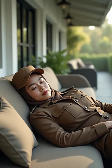  Realistic photo Beautiful clean white face girl wearing brown hijab wearing hat and uniform Indonesian woman police woman is sleeping on long sofa, on the terrace of the police station, k8