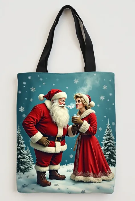 shopper bag with a Christmas print in the middle with a picture of Santa Claus and the Snow Maiden smoking standing next to him