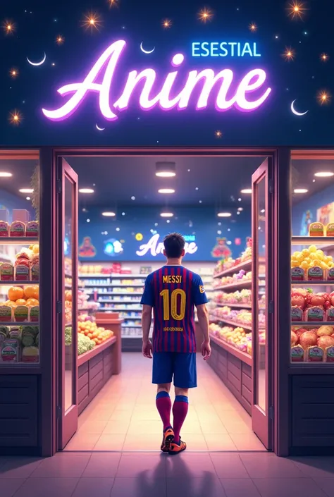 Messi entering at grocery store with the naming logo of celestial anime at the door of entrance , name of grocery store is celestial anime, subscribe naming board with lighting at aide,Messi in Barcelona jersey number 10 