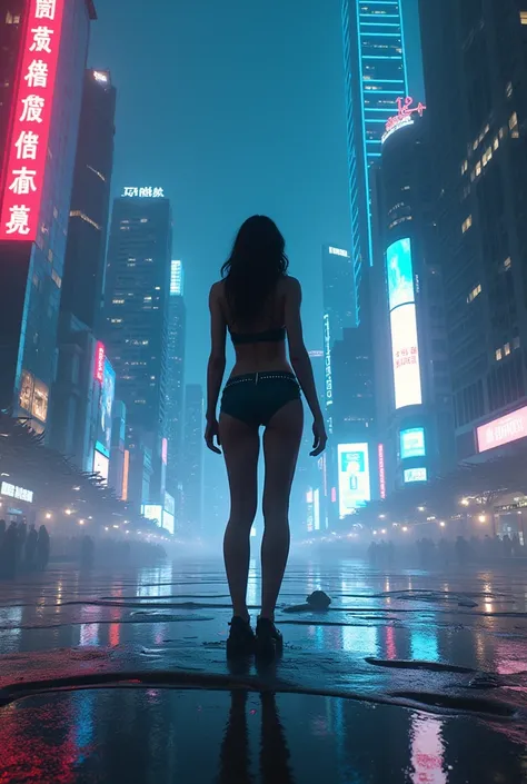 Woman standing on her back against a city scene at night.  futuristic . cyberpunk. 