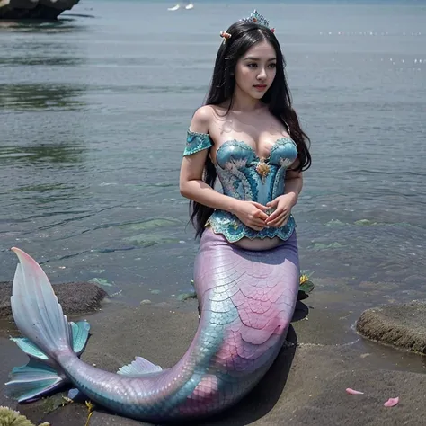 mermaid wear kebaya, pink mermaid, white kebaya, crown princess, 1girl, long hair, black hair, black eyes, mermaid tail, water, looking at viewer, cute, (gigantic bust:1.4), crawl,