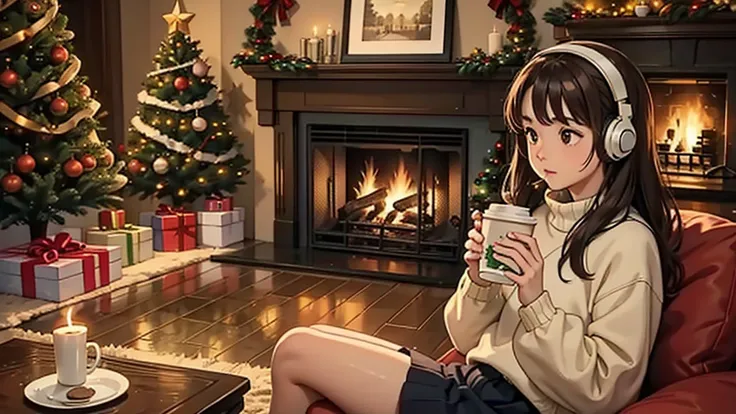  A loffy brown-haired girl with headphones 、 sits on the floor with a coffee cup in front of the Christmas tree,  Christmas atmosphere ,   knight , fireplace,  Comfortable Atmosphere ,  pers with decor, season!! : 🌸 ☀ 🍂 ❄, 😭🤮 💔,  pers with decor aesthetic,...