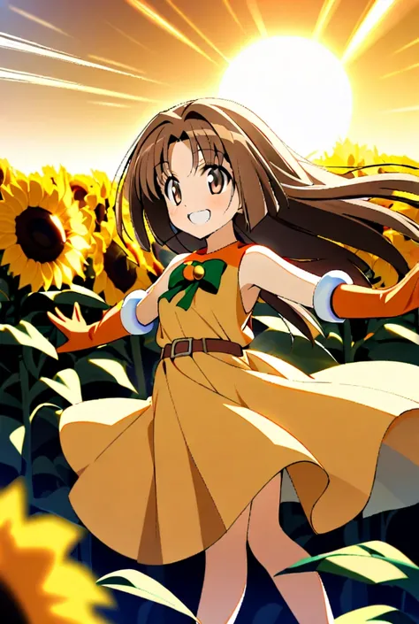 1girl, Fusionist (phantom brave),  brown hair, light brown hair, twin bangs, light brown eyes, Googles, orange christmas gloves, long hair, small breasts, happy smile,  dancing in a sunflower field, sun, sun rays, open arms,  light yellow dress, brown dres...