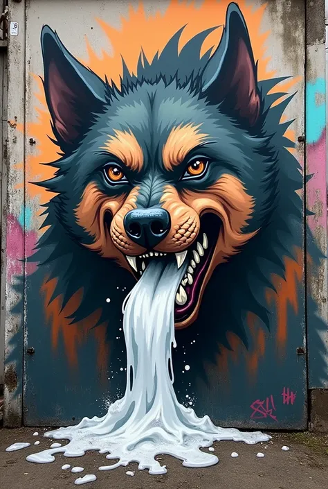 Dog graffiti with foam in the mouth 