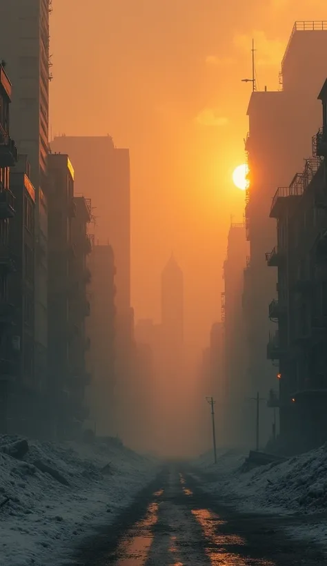  An apocalyptic vision of a city covered by a thick layer of dust in the atmosphere,  blocking the sunlight . The sky is orange and dark ,  while the urban landscape seems frozen and desolate ,  with wreckage and partially destroyed buildings .