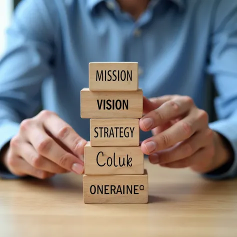 Business concept, wooden blocks, stacked, mission vision strategy core value, hands arranging, blue shirt, corporate planning, leadership, goals, office setting, close-up, motivational, organizational structure, strategic thinking, company philosophy, team...