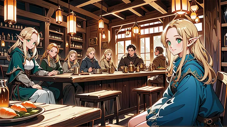 Create a digital illustration of a beautiful elf sitting in a medieval tavern。The elf is blonde、 She has emerald eyes、、Wearing a blue cloak 。 In the background there are other customers.、 Depicts a cozy and warm scene。 The lighting should be soft and golde...