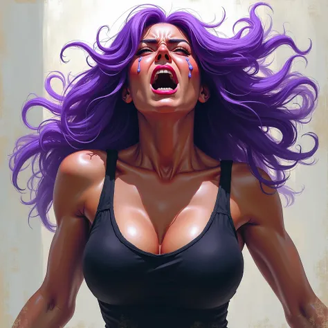 Make a feminist woman with purple hair crying and screaming