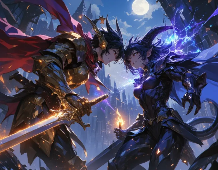 Intense battle scene between a young hero boy and a girl demon lord, the young boy hero wearing gold armor with red cape and holding a shining sword while pointing the sword at the neck of the girl demon lord, and the girl is demon lord has horn on her hea...