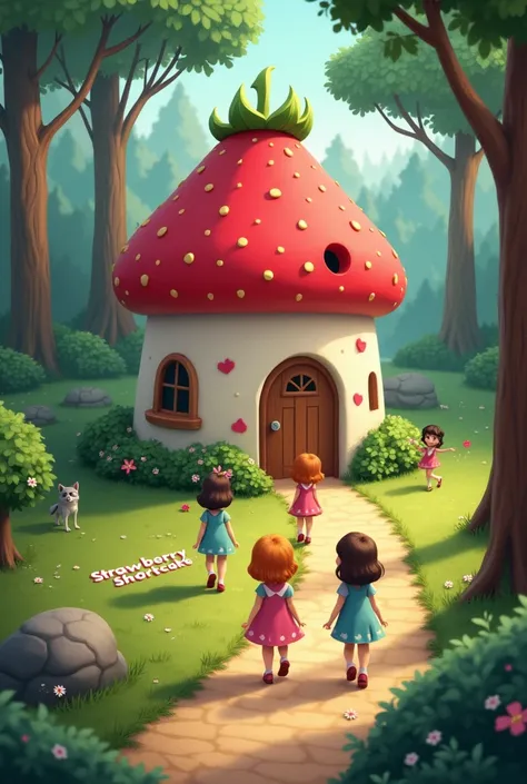 A house shaped like Strawberry Shortcake sits in the middle of a fantasy forest. On the ground, the words “Strawberry Shortcake” are written in small letters. From a high-angle view, five cute girls are walking along a path. The image is cute A wolf is lur...