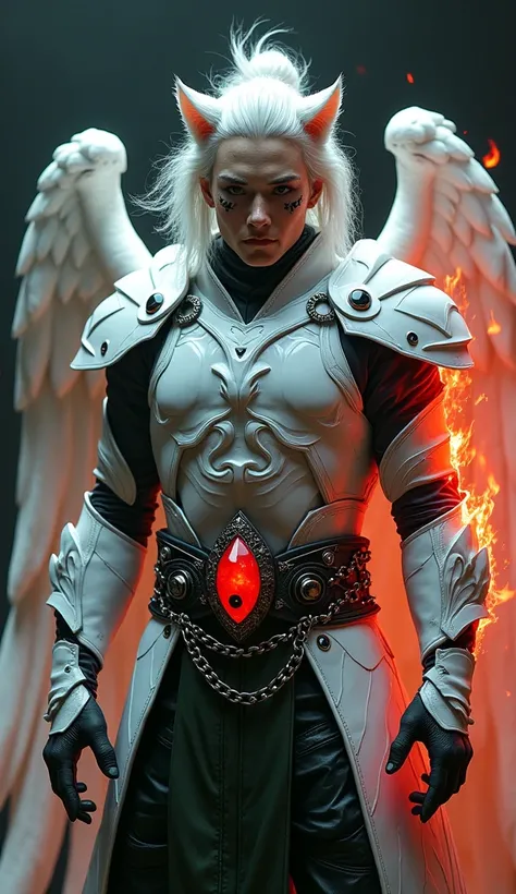 Monster white tiger age 35, asian, white hair visual kei, wisdom sight, white plate armor, white tiger armor plate, a red ying-yang crystal on the belt , dark green leather matrix gabardine, dark green cargo, arm on red fire, chains around the belt, leathe...