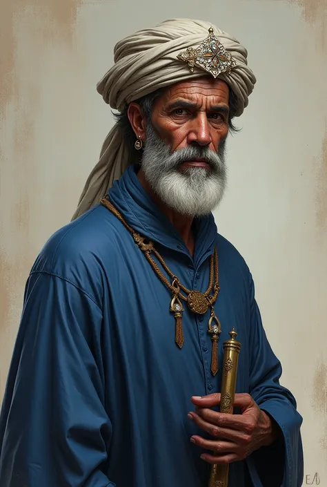 Wise Man Balthasar , 55-year-old black man without a beard ,  wearing a cloth turban with gemstones, blue tunic