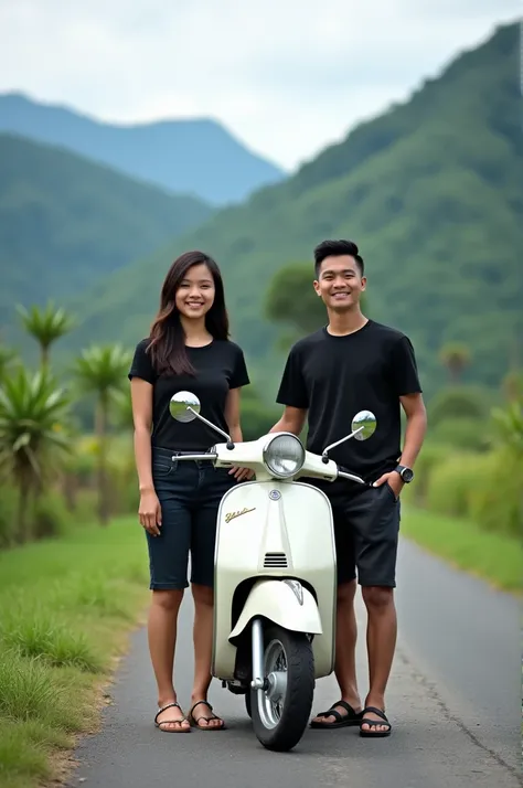  Indonesian facial caricature , two 19 year old couples , put on a black t-shirt  ,short levis pants,  put on a cepit sandal ,  are holding a Vespa motor on a village road,  background of mountains and rice fields ,  realistic as the result of a profession...