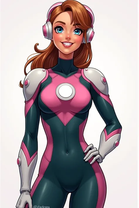 The image shows a female character wearing a futuristic hero costume in pink, black, and white. The bodysuit is primarily dark teal with a pink torso outline, a white circular chest plate, and sleek, skin-tight fabric that gives her a polished, dynamic loo...