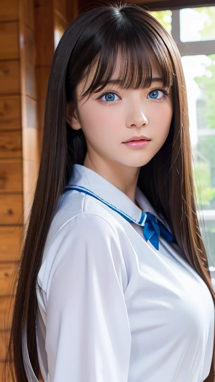  Clear, Big, Extremely Bright Blue Eyes 、Bangs above both eyes、 beautiful 18-year-old girl with a perfectly beautiful 18 year old baby face、Young, beautiful, white, glossy skin ,,、Sexy and very beautiful、 very cute face and perfect beauty 、 super long plat...