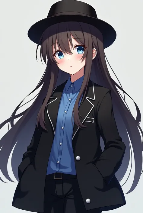 You can make an 18 year old girl, white skin, dark brown hair long to the waist, blue eyes, blue shirt, black jacket, black fedorable hat, Black pants, add any atmosphere to make it look good, anime style, for wallpaper, please