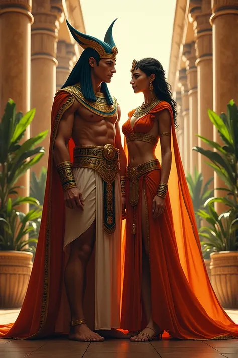 A handsome man wears a pharaohs dress, a beautiful woman wears an Egyptian queens dress