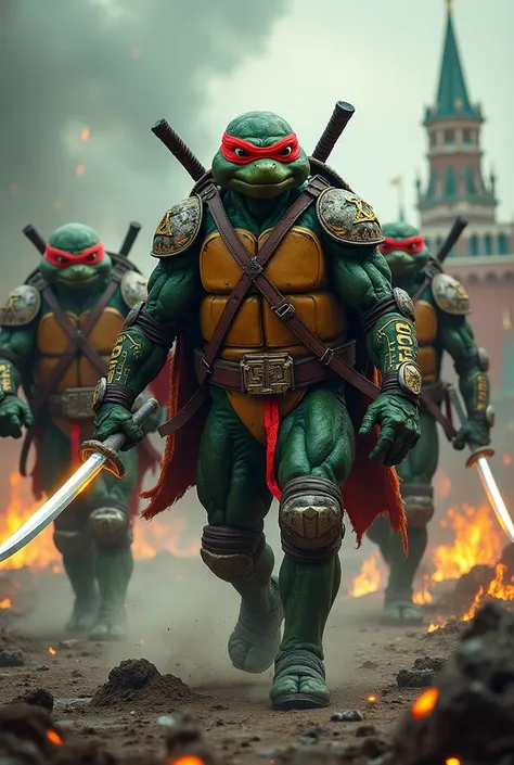 Teenage Mutant Ninja Turtles reimagined as warrior protectors inspired by Russian culture, striding through a war-torn, futuristic battlefield with relentless determination and stoic strength. Their suits blend traditional Russian armor styles with their c...