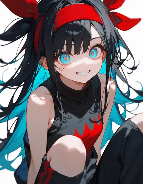 girl,Saiyu,Black hair, in light water eyes ,Multicolored hair, red and dark blue, small face ,thin,cute,  black tank top , black sweatpants ,Long hair,Put on a red headband,Open the abdomen,Scary smile,