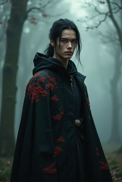 A realistic depiction of a young man with long black hair, tied loosely behind his back, and deep red eyes motif star with a piercing gaze. He wears a black cloak adorned with red cloud patterns and a high collar, partially covering his neck. Standing in a...