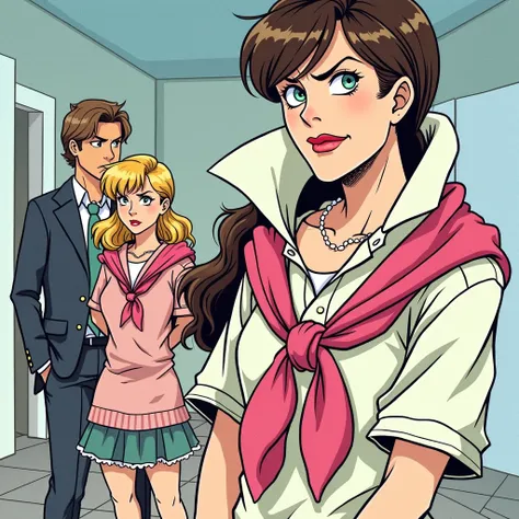 Preppy Anime cartoon girl 1990 Housewife wearing a Massive White Popped Collar Polo with a Pink sweater tied around shoulders being douche with her King Husband