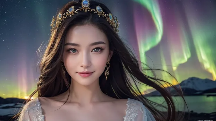 8k, RAW photo, best quality, masterpiece:1.2), (realistic, photo-realistic:1.4), (extremely detailed 8k wallpaper).A hyper-realistic and breathtaking illustration of a beautiful woman standing beneath a vibrant aurora-filled sky. Her face is exquisitely de...