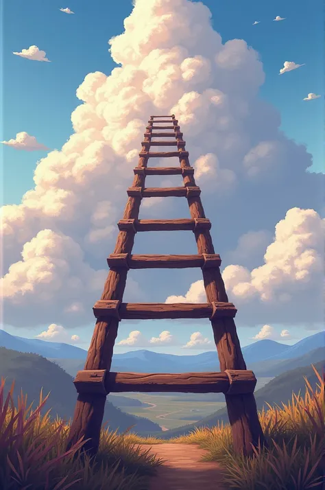 A ladder leading up to the clouds ,  with pixelated Stardew Valley text