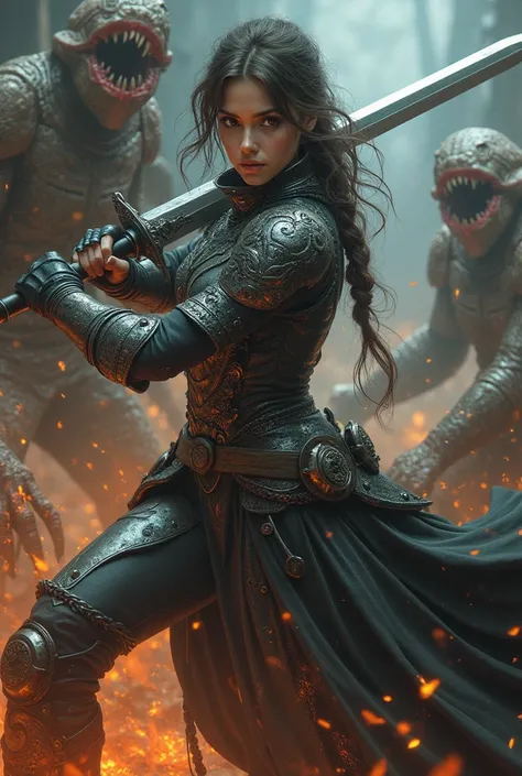  Beautiful woman Stellar character Blade wielding a huge sword is fighting against evil forces,whole body looks real against monsters 