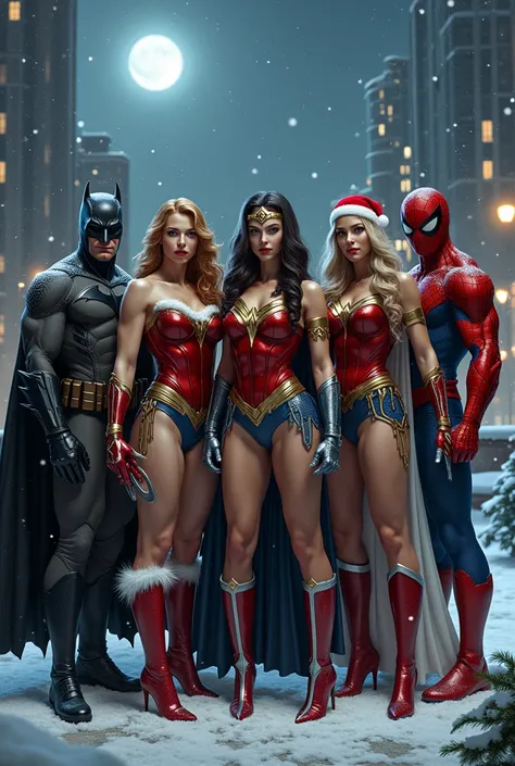 Realistic depiction of Catwoman , superwoman, wonder woman,batman,  Spiderman and Wolverine wearing Christmas costumes at night