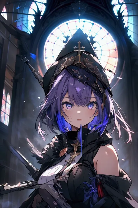  boy wearing a deep purple shorthair hat 　 carrying an insanely huge rifle 　Screaming expression 　The clothes look cool 　 a black, slightly bluish tattered cloak fluttering 　 in a tattered church 　 holding a rifle and shooting 　 angle from the front blue d...