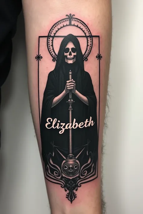 A tattoo with the word Elizabeth with the tarot card of death in black and white and without much detail