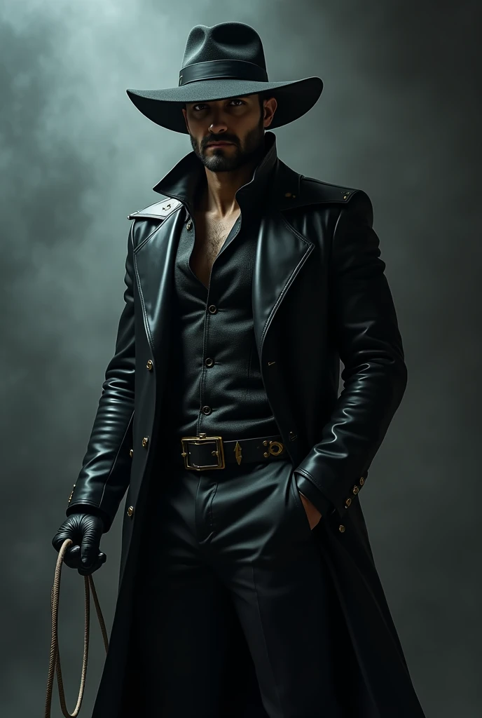 35 year old man, wearing a black leather outfit ,  a whip and a giant wide-brimmed hat