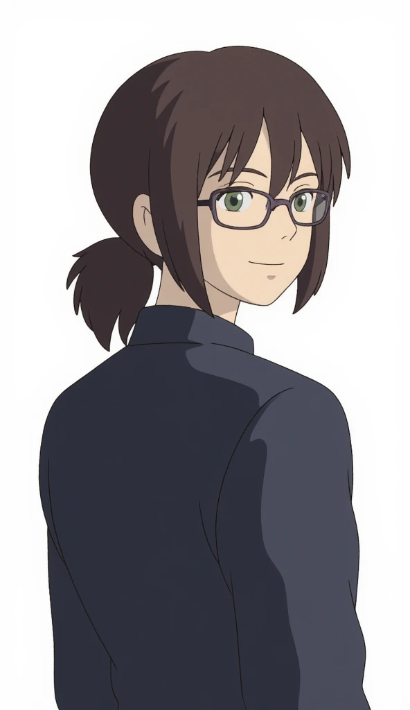 A full-body portrait of a 25-year-old man in a fantasy world. The second son of a marquis, he works as an underworld officer but usually works as a clerk. He wears a black clerks uniform and glasses. His dark brown hair is shoulder-length and tied in a pon...