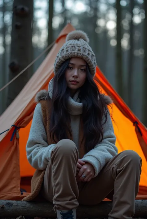 Une photographie professionnelle dune belle jeune femme asiatique qui campe dans les bois; longs cheveux noirs,elle porte une veste en polaire et un bonnet en laine; elle est assise dehors, devant sa tente; Petit feu de camp; saison dhiver; atmosphère chal...