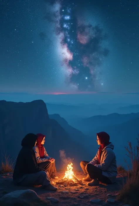 masterpieces, of two beauty korean woman and plus one beauty korean woman hijab ,wearing jacket ,wearing tshirt,and long cargo pant and mountain shoes ,they are doing activity make a tend camp on top cliff mountain,in the night with beauty sky with galaxy,...