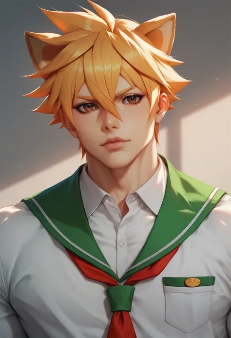 a highschool guy, school uniform , slightly MUSCULAR body, orange-blonde-ish hair, brown eyes, shiba dog ears, front face, short hair, masculine face, semi-realistic style.