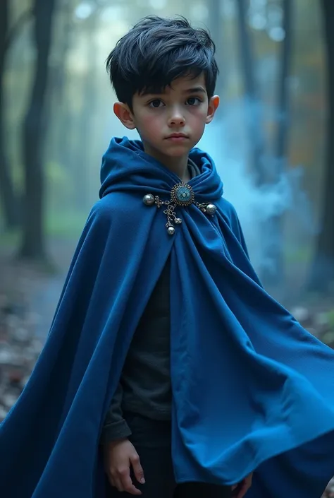 Boy среднего роста с темными волосами, black eyes , hair short,  dressed in a cape magical blue , thin , Boy 