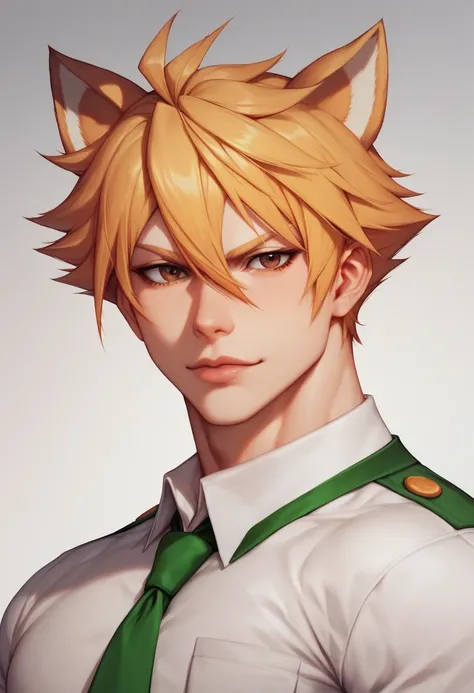 a highschool guy, school uniform , slightly MUSCULAR body, orange-blonde-ish hair, brown eyes, shiba dog ears, front face, short hair, masculine face, semi-realistic style.