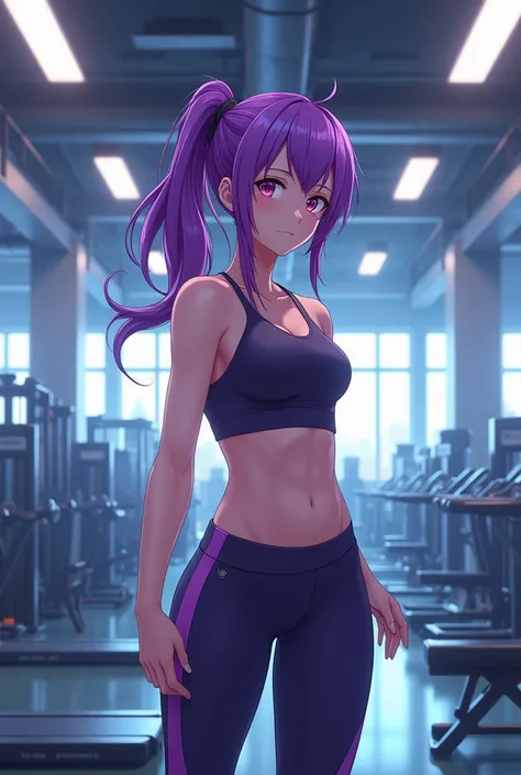  Create an image of an anime character at the gym she has purple hair,  and a very large gym and this one with fit clothes, Do it in the larger space 