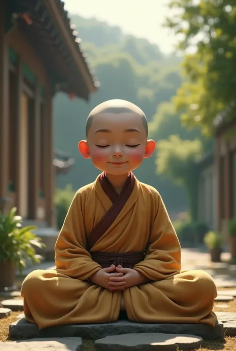 young monk with smile on his face, eyes closed, meditating