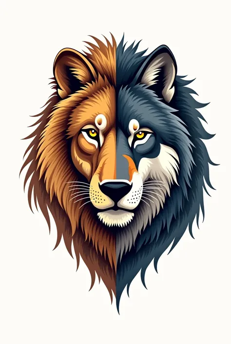 Tattoo template of one side of the head should the lion be the other side of the head should be the wolf both look forward 
