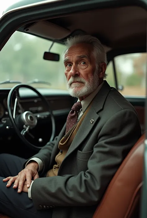 Aged biology teacher in old suit sitting in a car