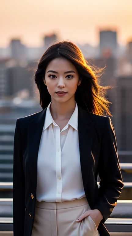 Prompt:
“A stunning Japanese supermodel, elegant and confident, with flawless porcelain skin, long silky black hair, and captivating almond-shaped eyes. She is wearing a sleek modern fashion outfit: a fitted black blazer and a white silk blouse, paired wit...