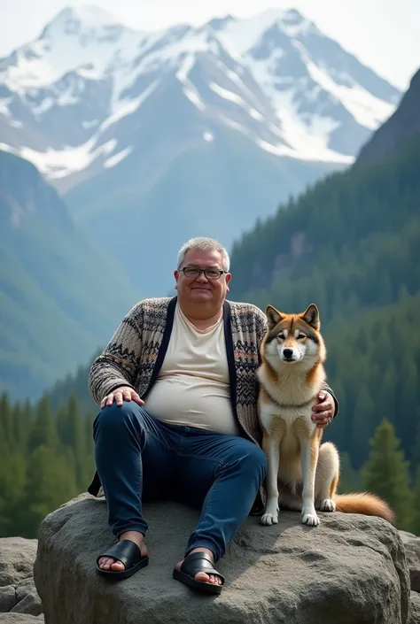 face facing the camera,Korea a man 50 year old,perfect short and gray hair,wearing a glasses,plump body,wearing a dark cream t shirt and gardigan knit abstract motif,skinny blue jeans and black sandals,sitting relaxed together big wolf on the rock,high mou...