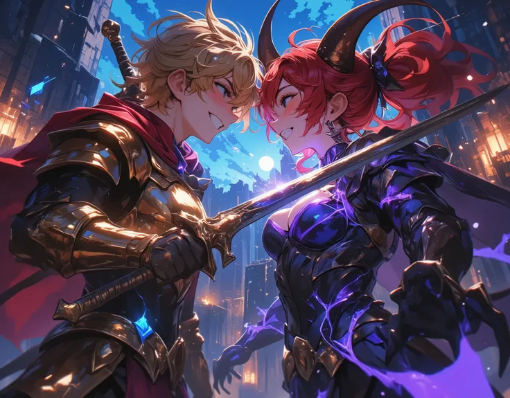 Intense battle scene between a young hero boy and a girl demon lord, the young boy hero has blonde hair and wearing gold armor with red cape and holding a shining sword while pointing the sword at the neck of the girl demon lord, and the girl is demon lord...