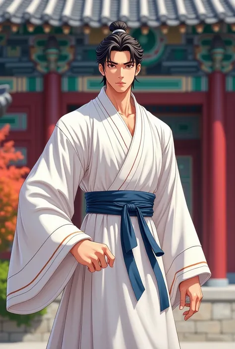  Sharp Animated Cartoon Images ,  The image shows the whole body  ,  Young Man in Chochon Dynasty   ,  young handsome.,   handsome,   Korean Young Man Wearing White Hanbok Dress, a shot of (dg_ChadMM   ),   men with muscles  ,    Chochon Dynasty Hairstyle ...