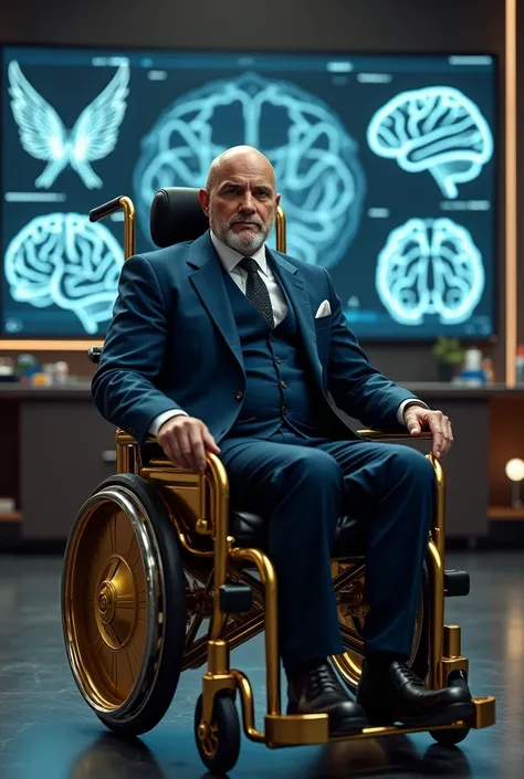 Professor X (Charles Xavier)

 Physical Features : Bald middle-aged man ,  serene and intellectual expression ,  always in a wheelchair .
 Personality : calm, wise,  visionary leader and mentor .
It lasts:  Elegant dark blue suit ,  futuristic golden wheel...