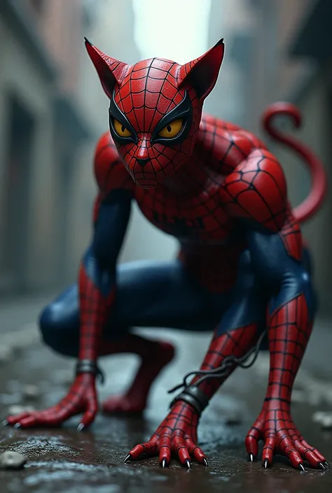 Create an image of a hybrid creature that combines Spiderman with a cat. With a spiderman character who has a sharp gaze